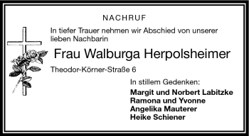 Traueranzeige von Walburga Herpolsheimer von Frankenpost