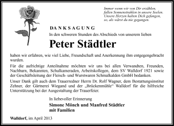 Traueranzeige von Peter Städtler von Südthüringer Presse