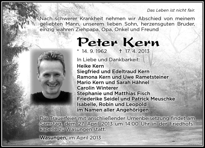  Traueranzeige für Peter Kern vom 20.04.2013 aus Südthüringer Presse
