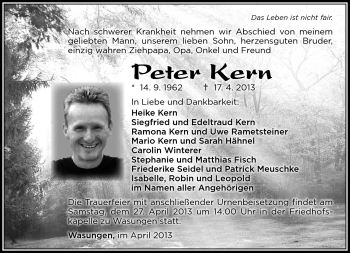 Traueranzeige von Peter Kern von Südthüringer Presse