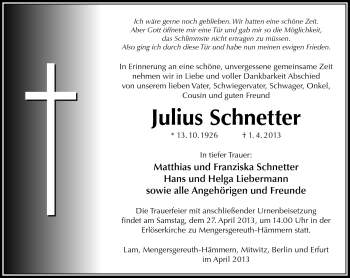 Traueranzeige von Julius Schnetter von Südthüringer Presse