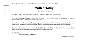 Traueranzeige von Willi Schillig von Neue Presse Coburg
