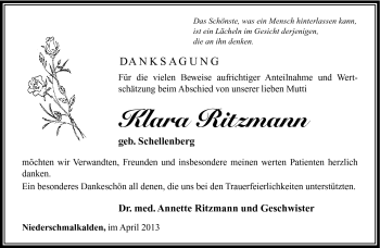 Traueranzeige von Klara Ritzmann von Südthüringer Presse