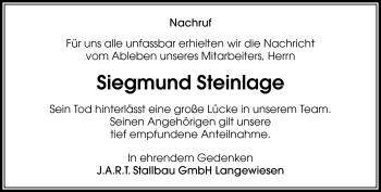 Traueranzeige von Siegmund Steinlage von Südthüringer Presse