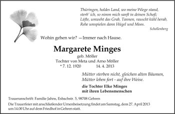Traueranzeige von Margarete Minges von Südthüringer Presse