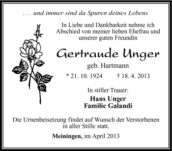 Traueranzeige von Gertraude Unger von Südthüringer Presse