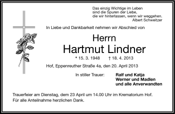 Traueranzeige von Hartmut Lindner von Frankenpost
