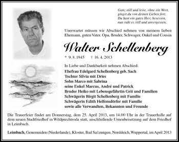 Traueranzeige von Walter Schellenberg von Südthüringer Presse
