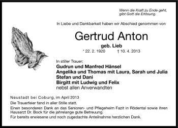 Traueranzeige von Gertrud Anton von Neue Presse Coburg