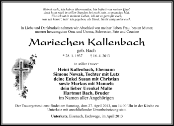 Traueranzeige von Mariechen Kallenbach von Südthüringer Presse