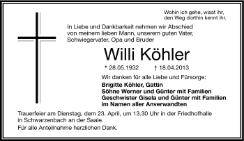 Traueranzeige von Willi Köhler von Frankenpost