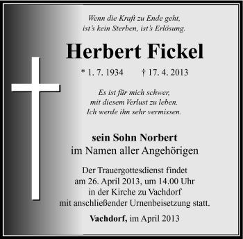 Traueranzeige von Herbert Fickel von Südthüringer Presse