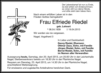 Traueranzeige von Elfriede Riedel von Frankenpost