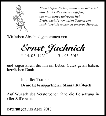 Traueranzeige von Ernst Jachnik von Südthüringer Presse