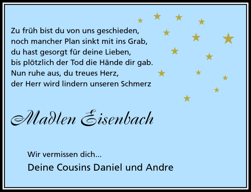  Traueranzeige für Madlen Eisenbach vom 24.04.2013 aus Südthüringer Presse