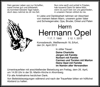 Traueranzeige von Hermann Opel von Frankenpost