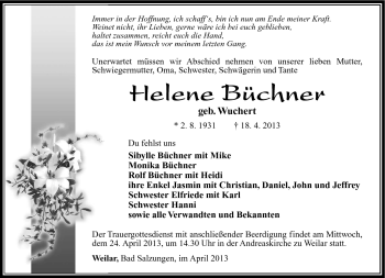 Traueranzeige von Helene Büchner von Südthüringer Presse