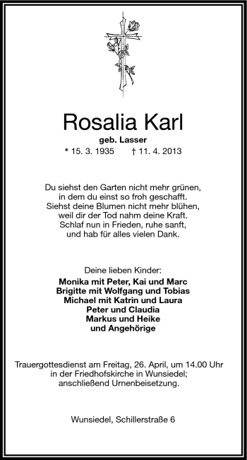 Traueranzeige von Rosalia Karl von Frankenpost