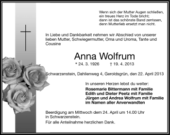 Traueranzeige von Anna Wolfrum von Frankenpost