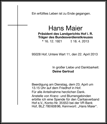 Traueranzeige von Hans Maier von Frankenpost