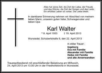 Traueranzeige von Karl Walter von Frankenpost