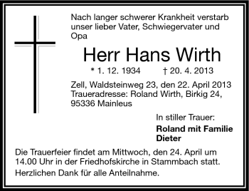 Traueranzeige von Hans Wirth von Frankenpost