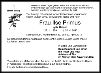 Traueranzeige von Ilse Primus von Frankenpost