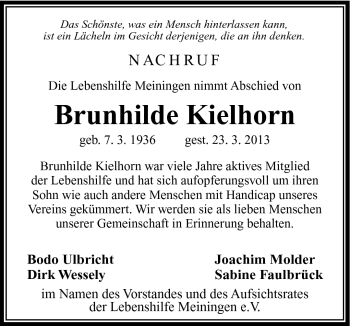 Traueranzeige von Brunhilde Kielhorn von Südthüringer Presse