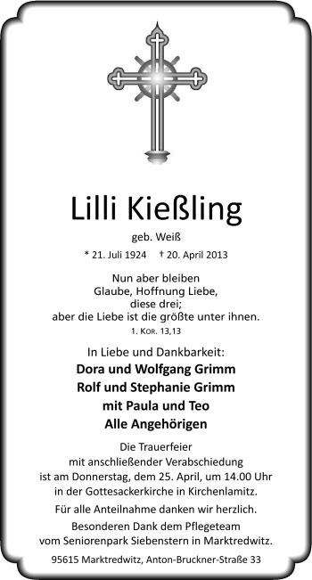 Traueranzeige von Lilli Kießling von Frankenpost