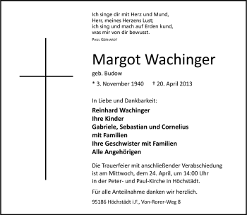 Traueranzeige von Margot Wachinger von Frankenpost
