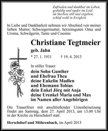 Traueranzeige von Christiane Tegtmeier von Südthüringer Presse