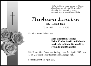 Traueranzeige von Barbara Lowien von Südthüringer Presse