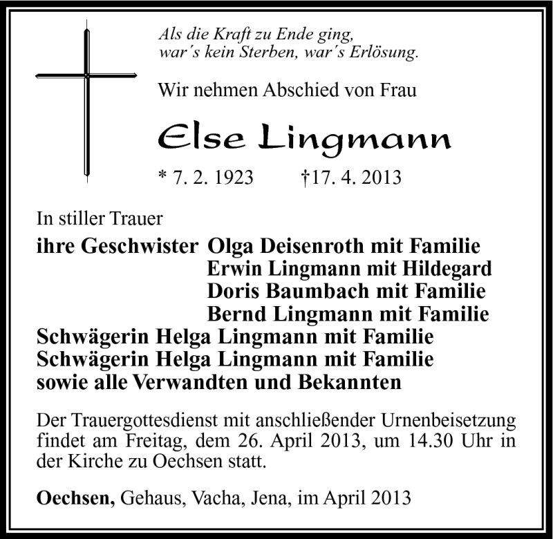  Traueranzeige für Else Lingmann vom 24.04.2013 aus Südthüringer Presse