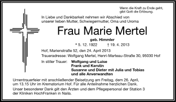 Traueranzeige von Marie Mertel von Frankenpost