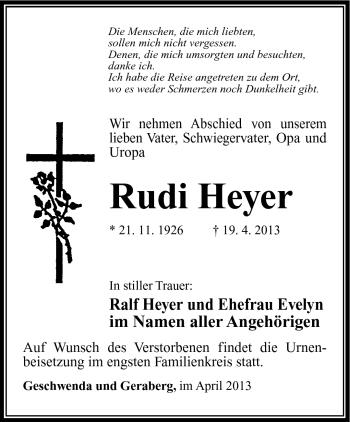 Traueranzeige von Rudi Heyer von Südthüringer Presse