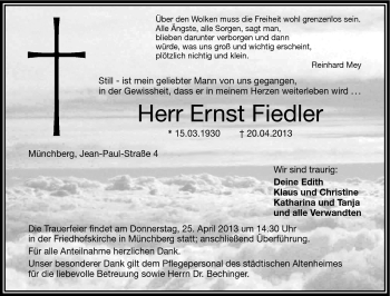 Traueranzeige von Ernst Fiedler von Frankenpost