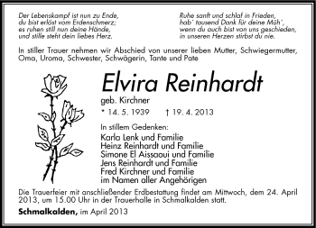 Traueranzeige von Elvira Reinhardt von Südthüringer Presse