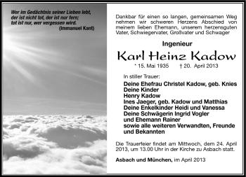Traueranzeige von Karl Heinz Kadow von Südthüringer Presse