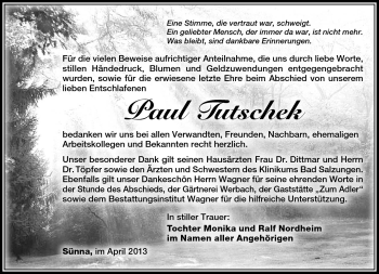 Traueranzeige von Paul Tutschek von Südthüringer Presse