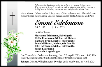 Traueranzeige von Emmi Edelmann von Südthüringer Presse