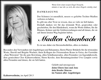 Traueranzeige von Madlen Eisenbach von Südthüringer Presse
