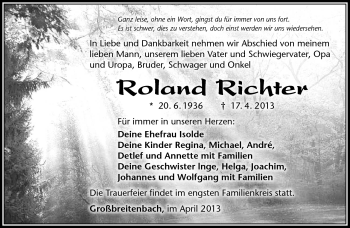 Traueranzeige von Roland Richter von Südthüringer Presse