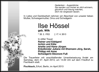 Traueranzeige von Ilse Hössel von Südthüringer Presse