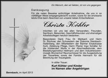 Traueranzeige von Christa Köhler von Südthüringer Presse