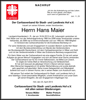 Traueranzeige von Hans Maier von Frankenpost