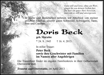 Traueranzeige von Doris Beck von Südthüringer Presse