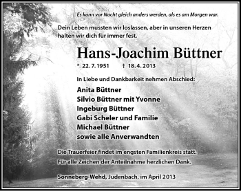 Traueranzeige von Hans-Joachim Büttner von Südthüringer Presse