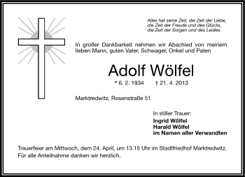 Traueranzeige von Adolf Wölfel von Frankenpost