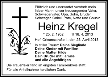 Traueranzeige von Heinz Kregel von Frankenpost