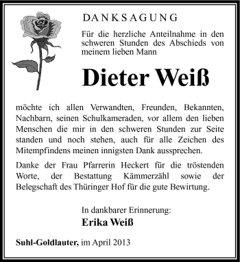 Traueranzeige von Dieter Weiß von Südthüringer Presse